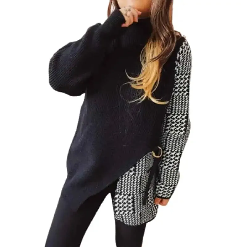 Black and White Two-Piece Plaid Long-Sleeved Knitted Sweater