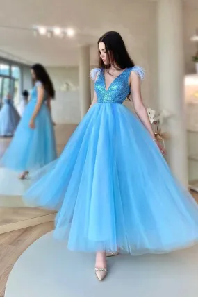 Blue V-Neck Tulle Sequins Long Prom Dress
