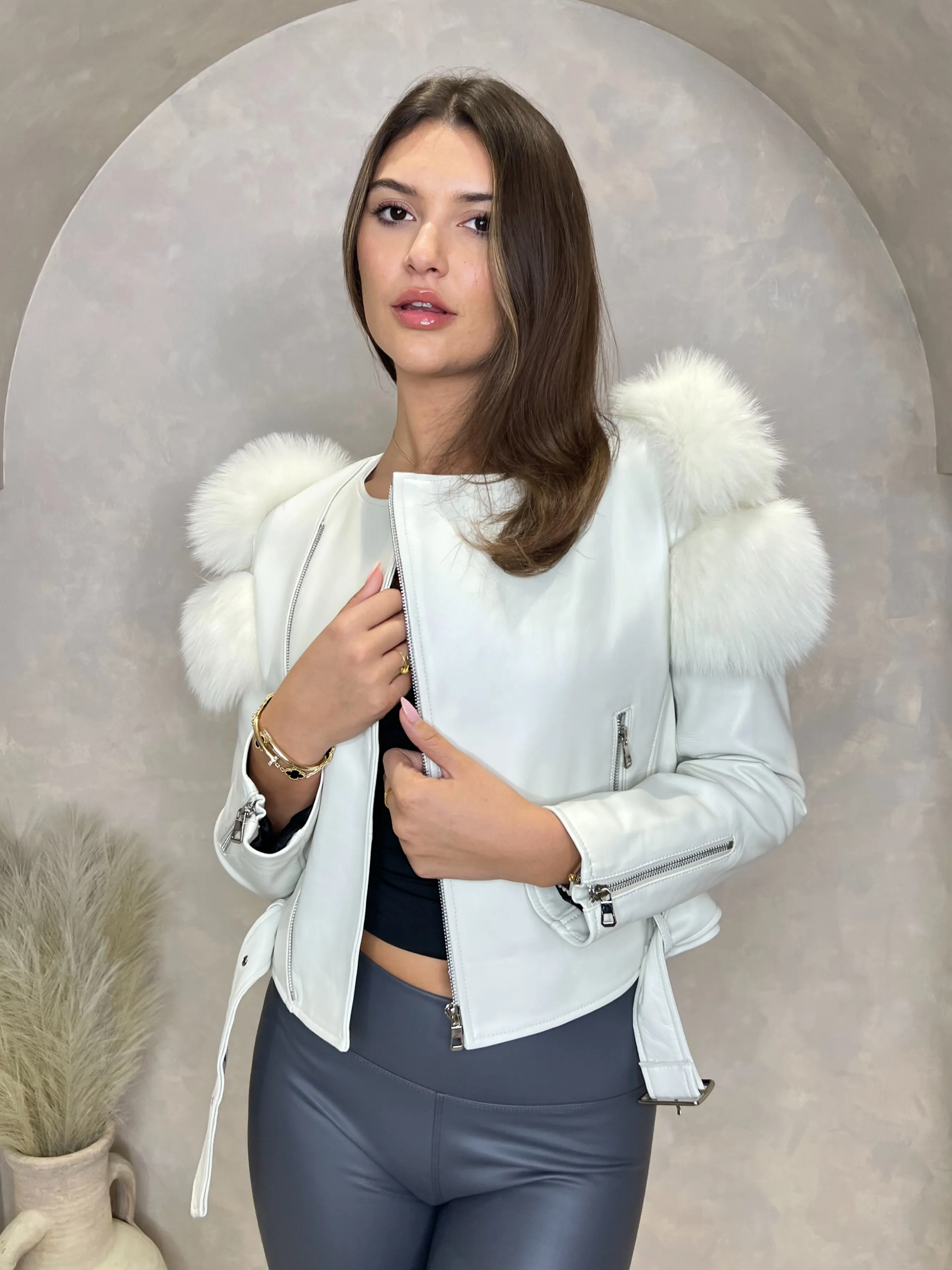 Cream Collarless Luxury Fur Biker Jacket