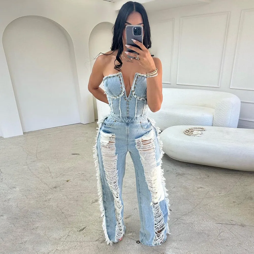Denim Square Tassel Casual Jumpsuit