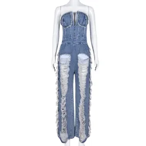 Denim Square Tassel Casual Jumpsuit