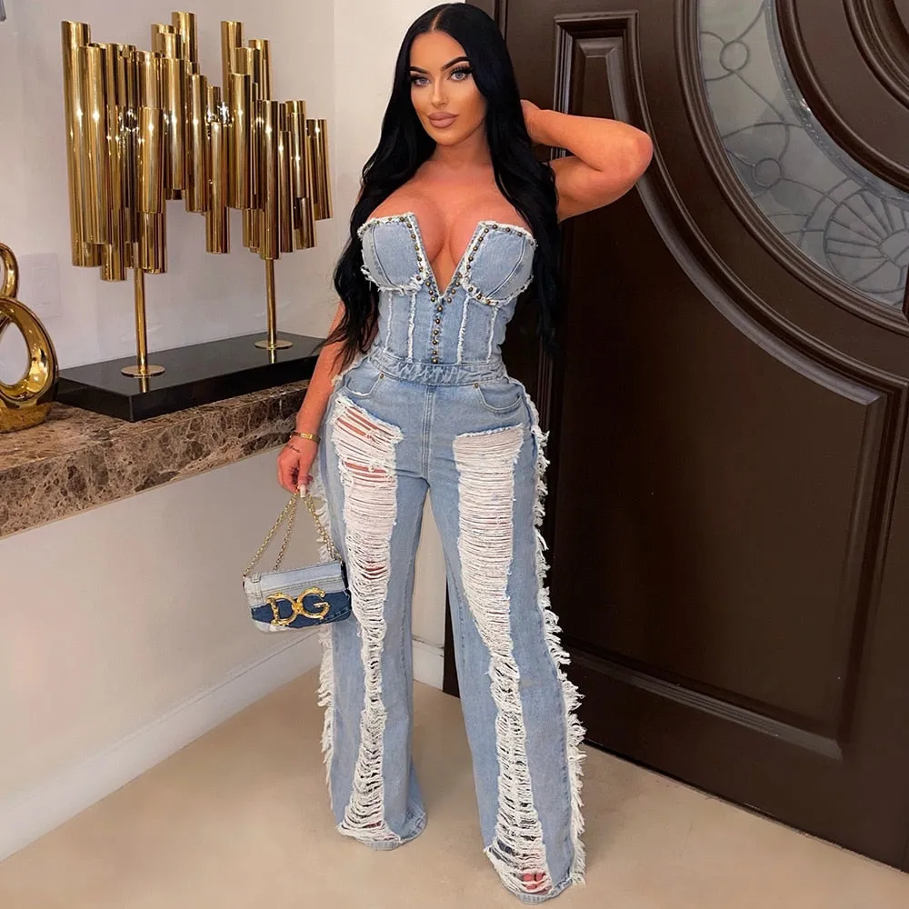 Denim Square Tassel Casual Jumpsuit