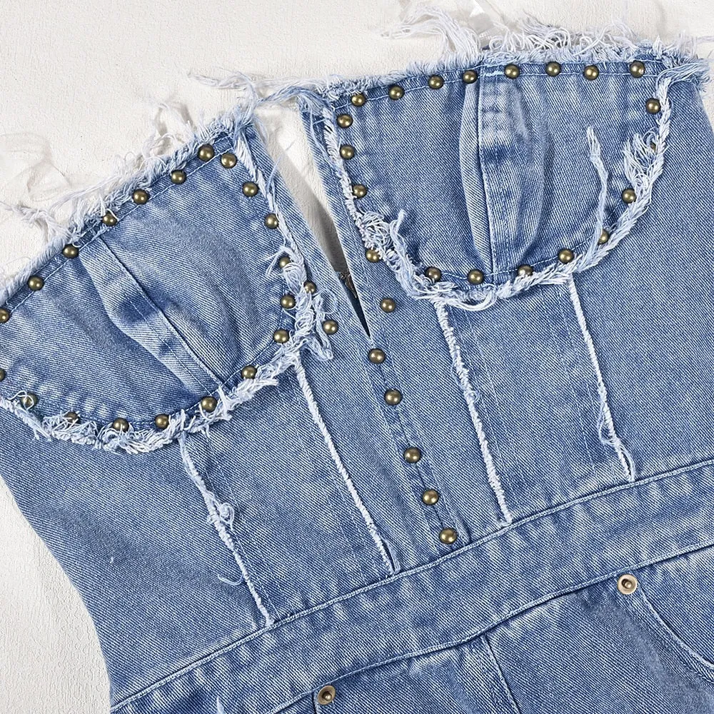 Denim Square Tassel Casual Jumpsuit