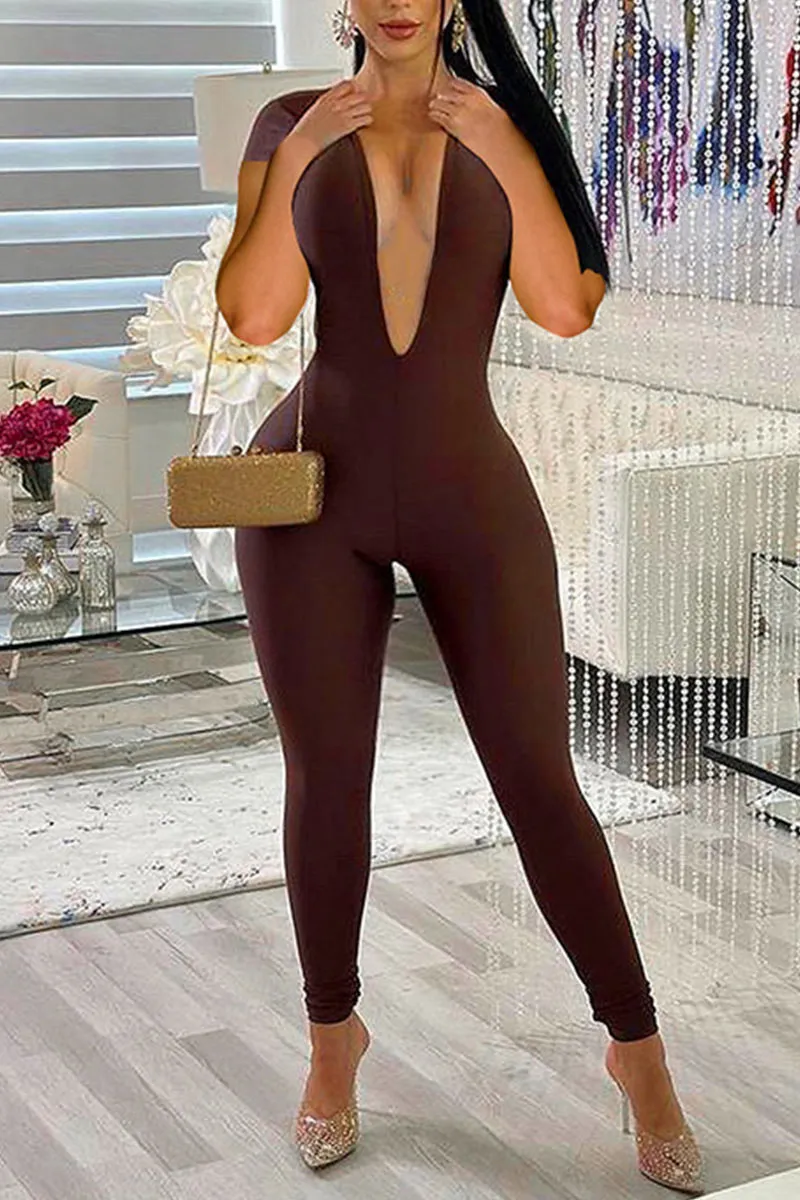 JD856 Plunging Short Sleeve Backless Jumpsuit