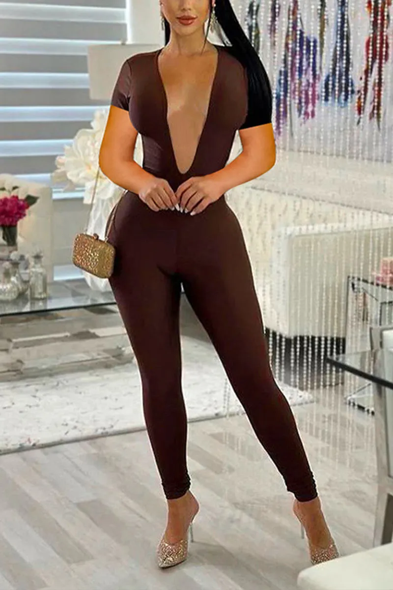 JD856 Plunging Short Sleeve Backless Jumpsuit