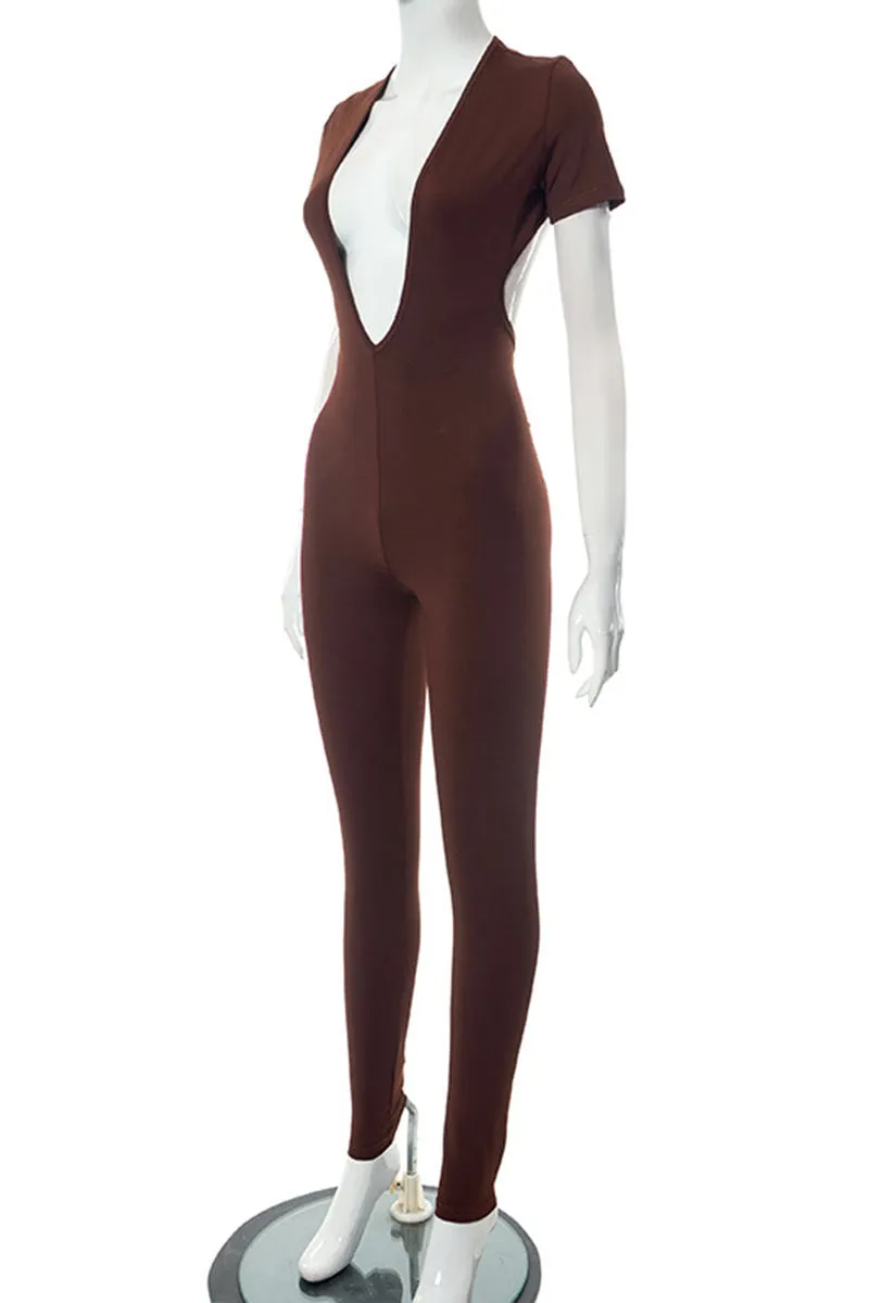 JD856 Plunging Short Sleeve Backless Jumpsuit