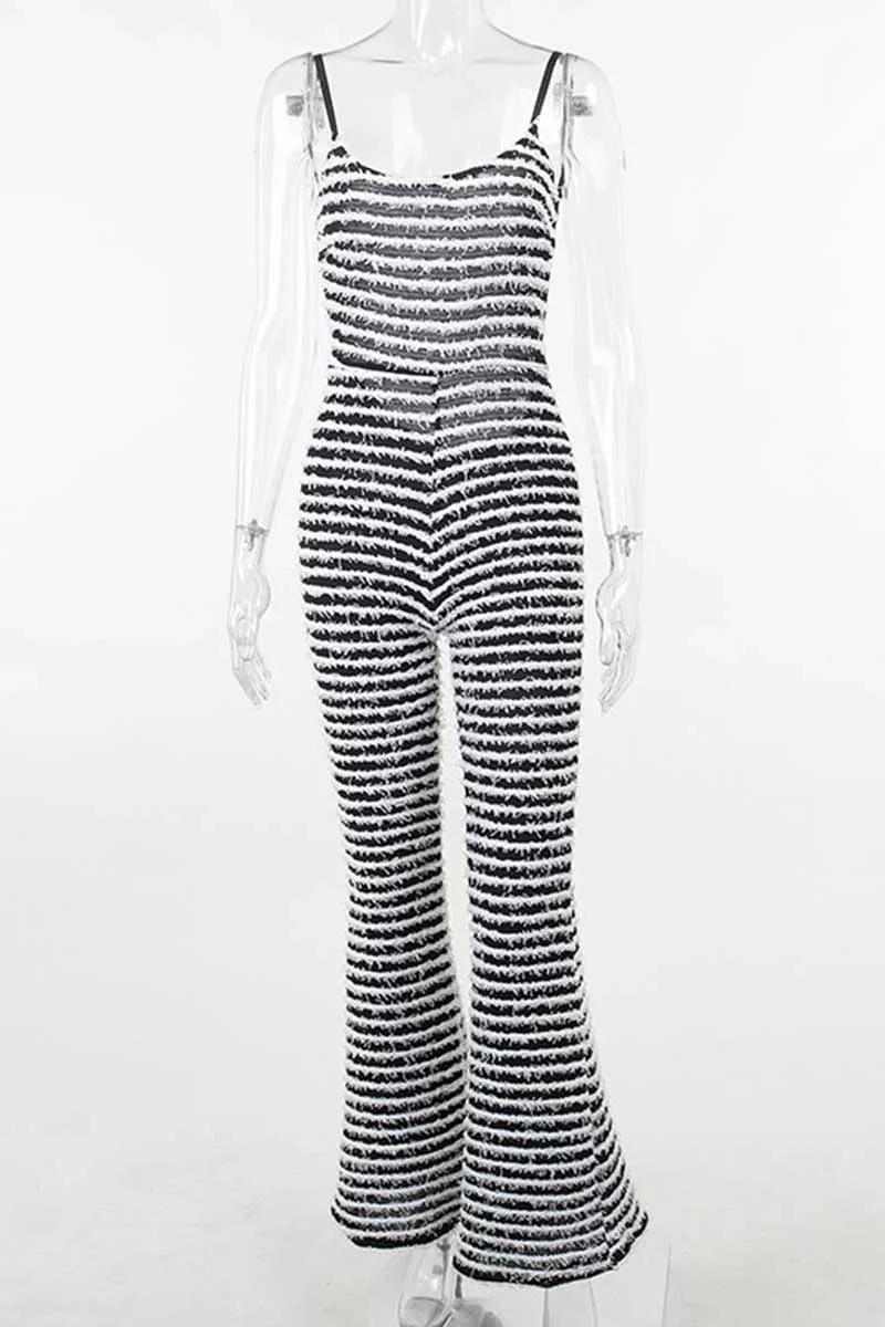 JH841 Ruffle Stripes Backless Jumpsuit