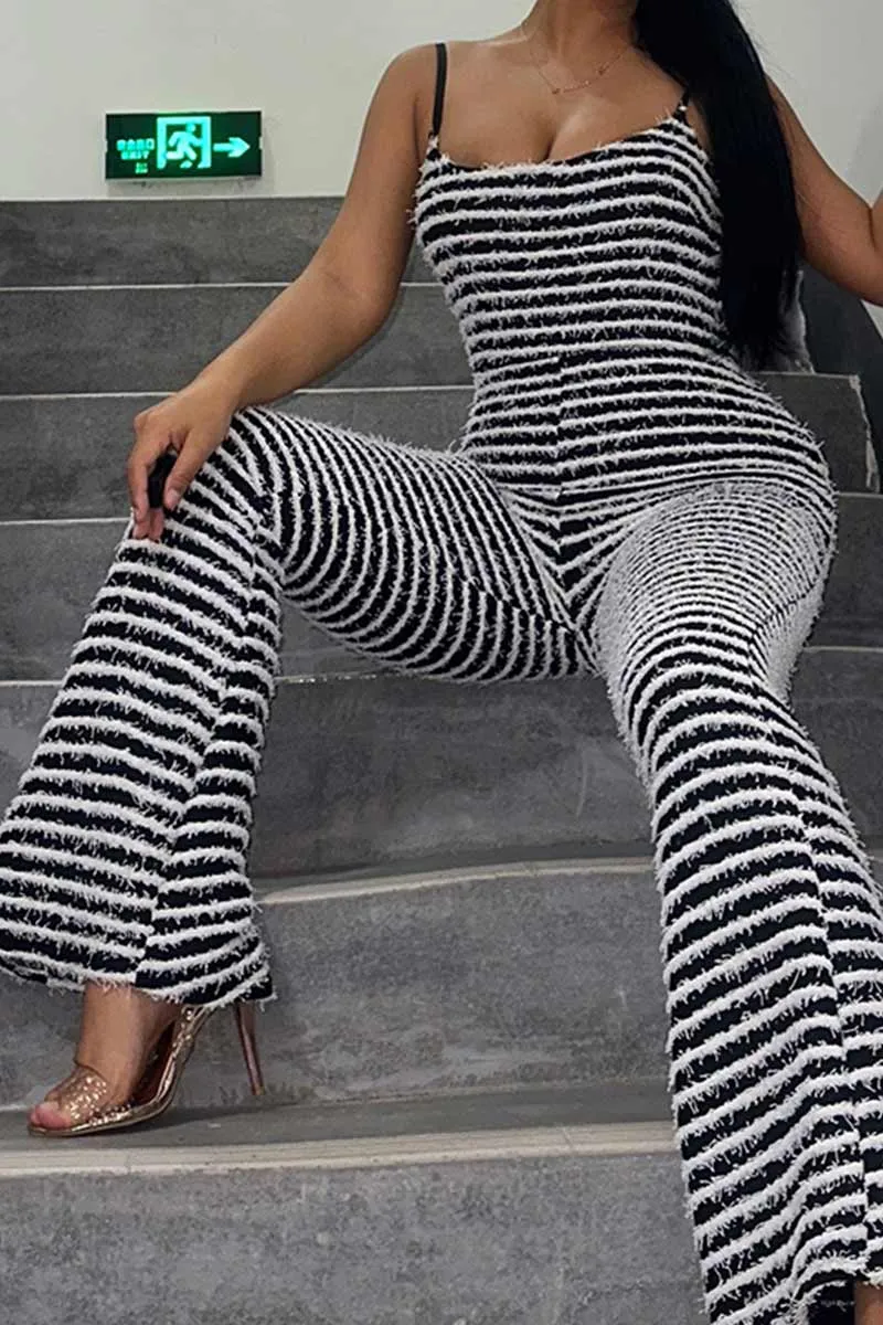JH841 Ruffle Stripes Backless Jumpsuit