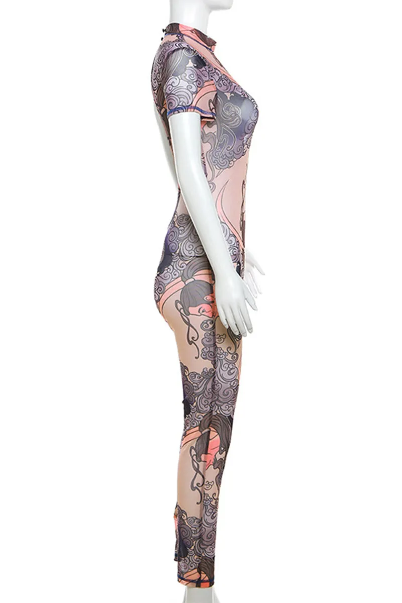 JJ684 Graphic Mesh Jumpsuit