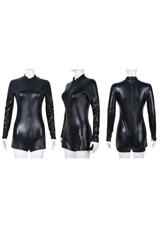 JY362 Black Vinyl Long Sleeve Rompers
