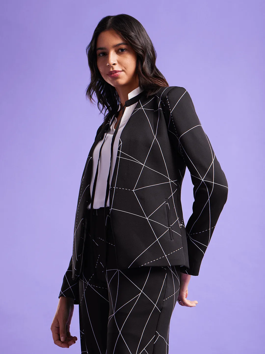 Open Front Blazer - Black And White