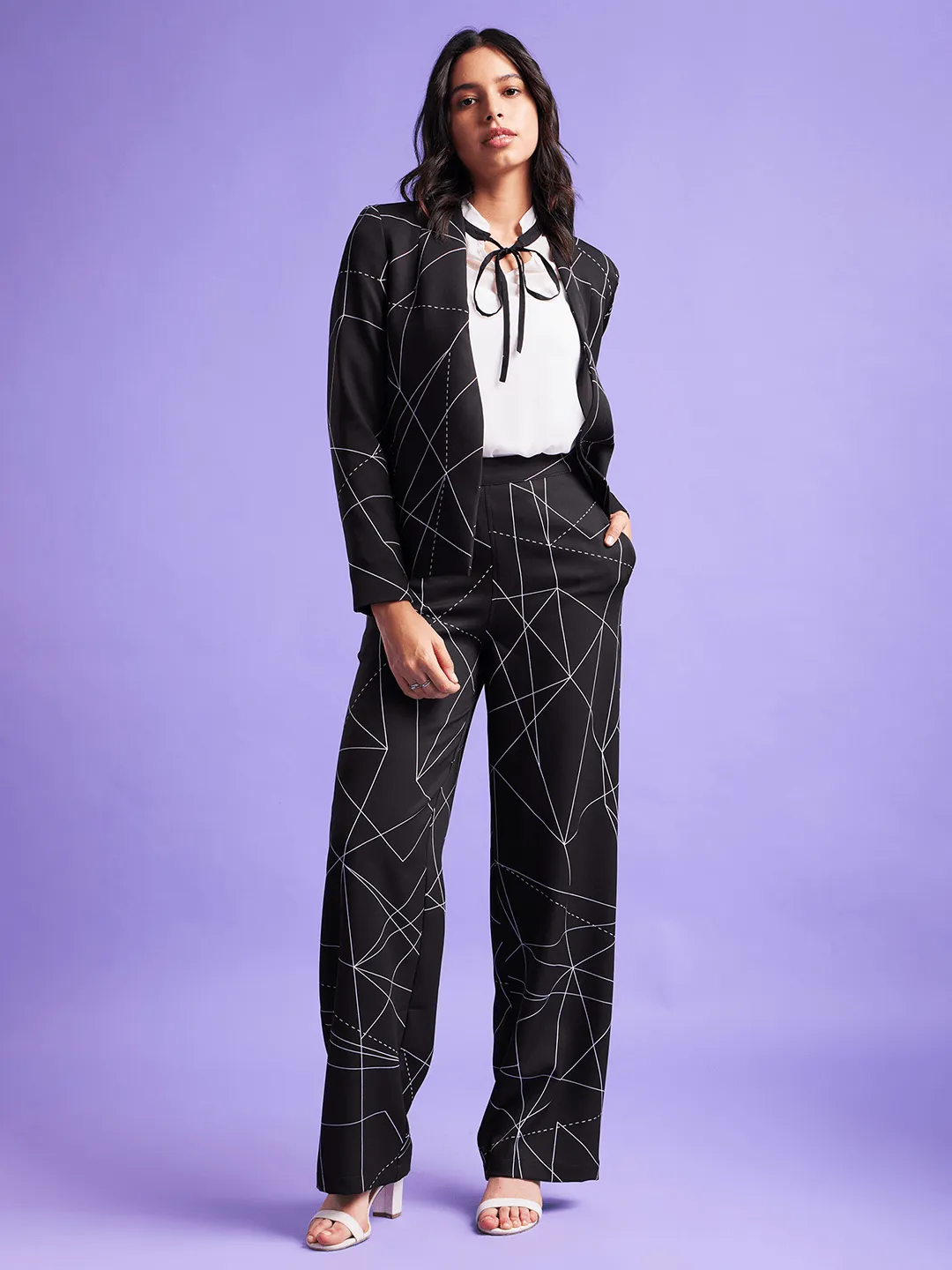 Open Front Blazer - Black And White
