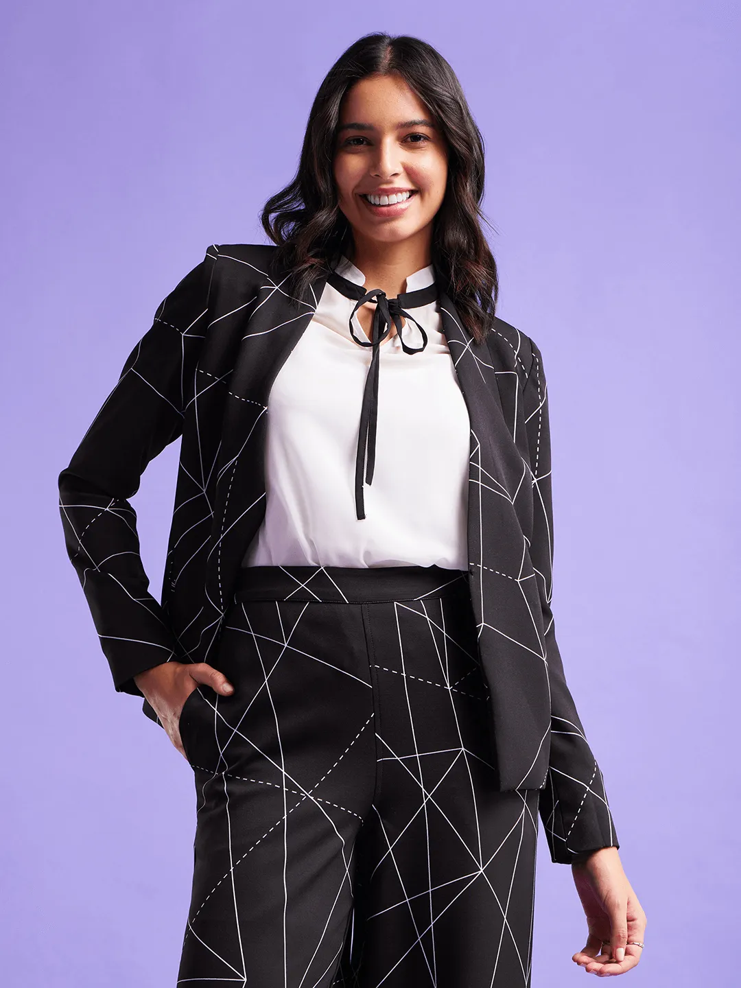 Open Front Blazer - Black And White