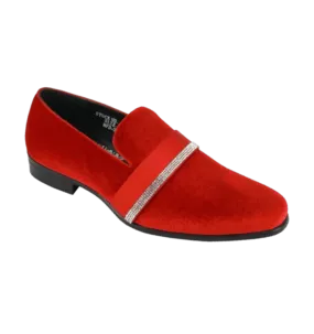 Red velvet slip on men's shoes luxury loafer with diamonds stone