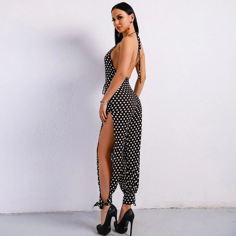 V Neck Off Shoulder Halter Print Playsuits Backless Split Jumpsuit