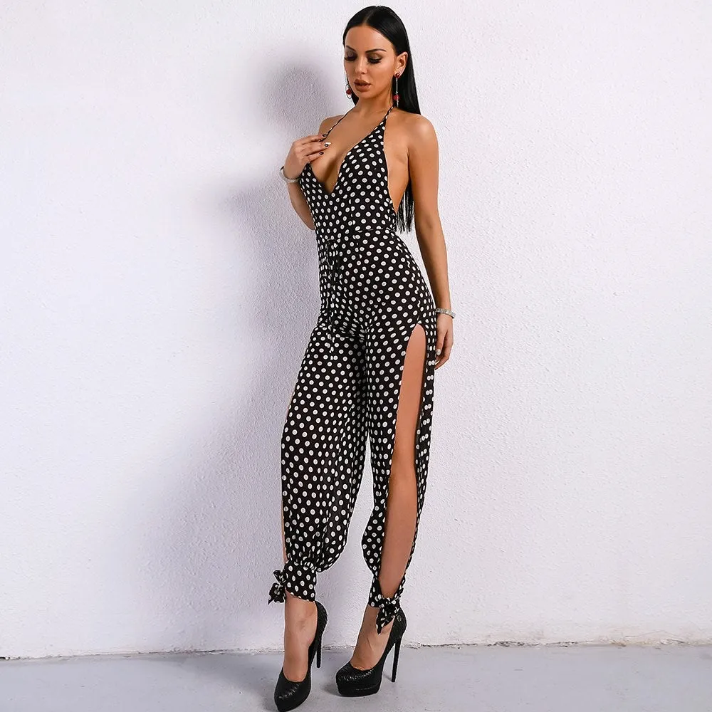 V Neck Off Shoulder Halter Print Playsuits Backless Split Jumpsuit
