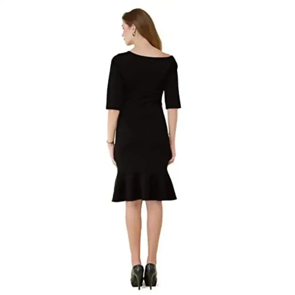 VM Black Plain One Shoulder 3/4 Sleeves Peplum Hem Dress for Women