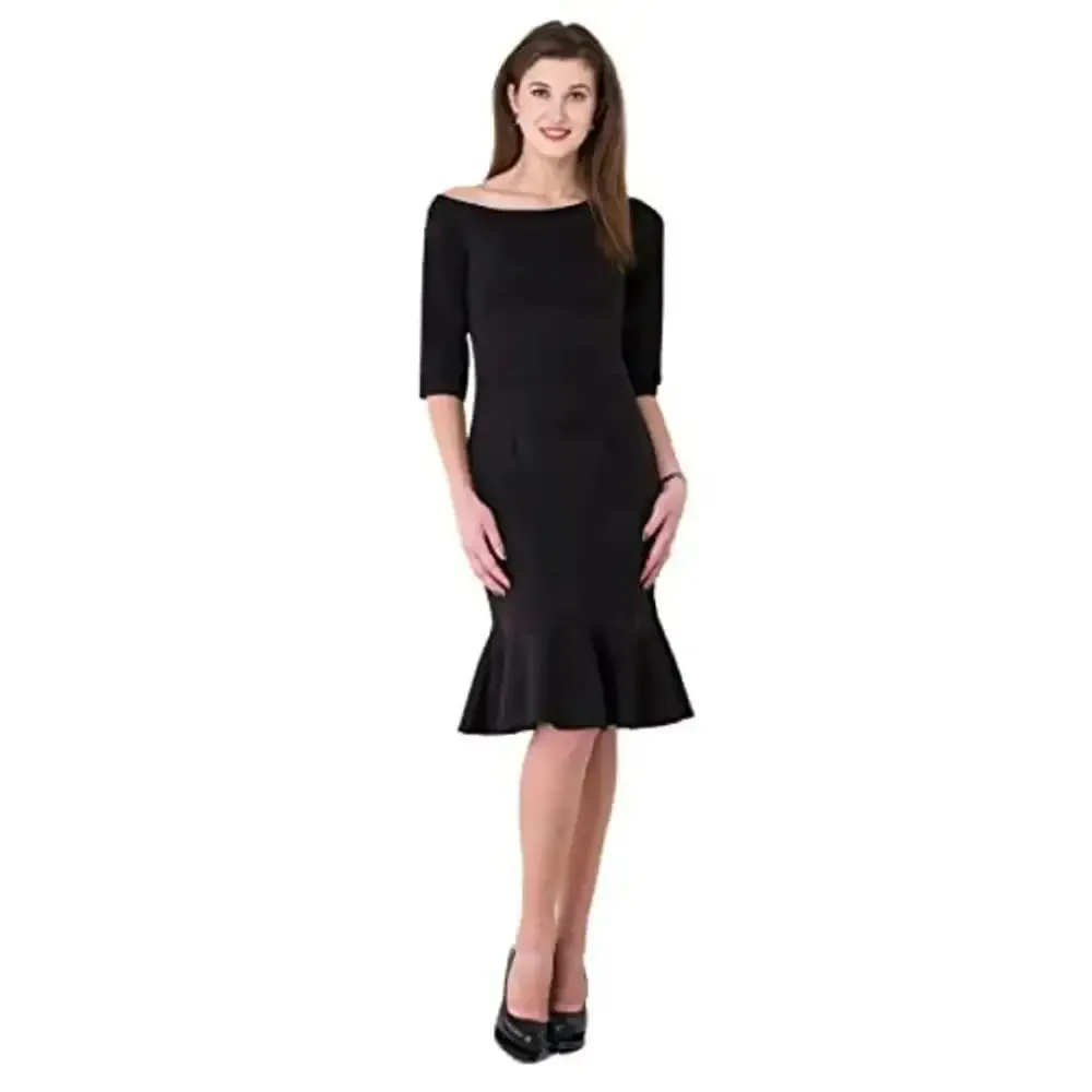 VM Black Plain One Shoulder 3/4 Sleeves Peplum Hem Dress for Women