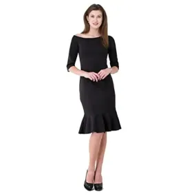 VM Black Plain One Shoulder 3/4 Sleeves Peplum Hem Dress for Women