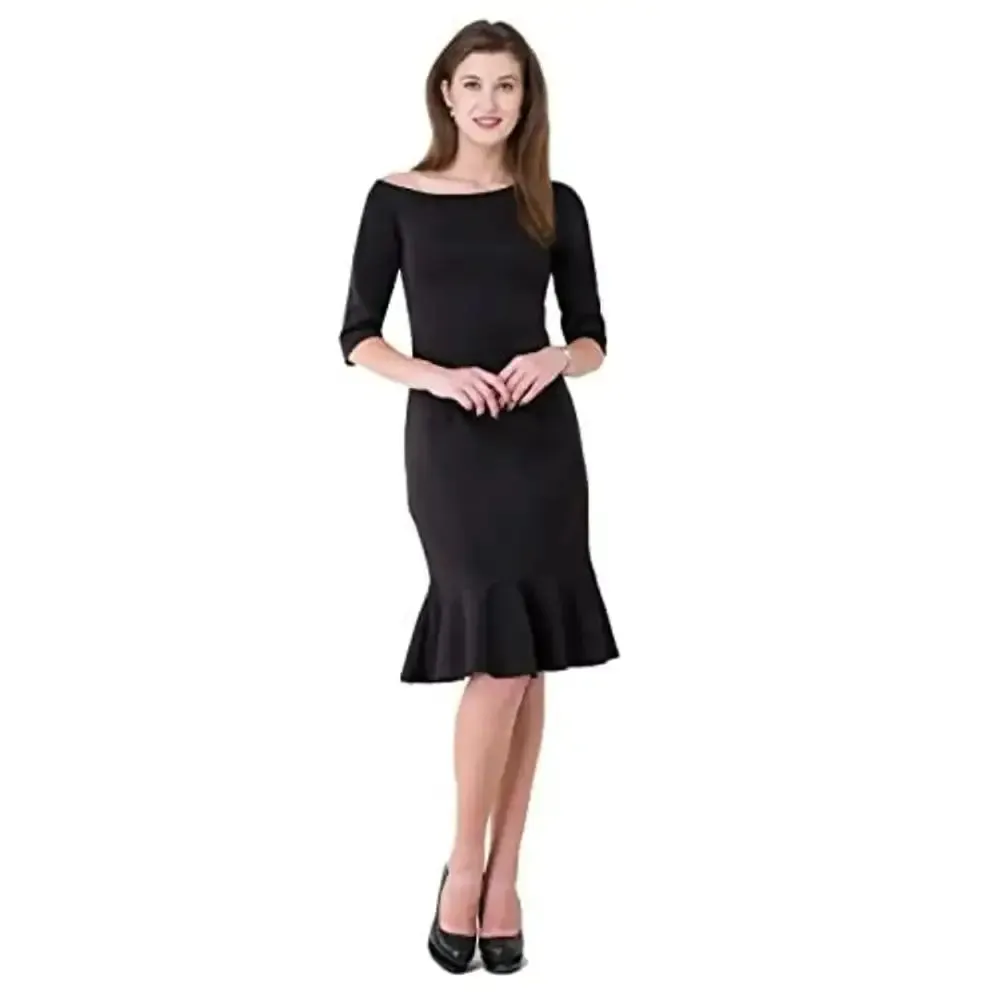 VM Black Plain One Shoulder 3/4 Sleeves Peplum Hem Dress for Women