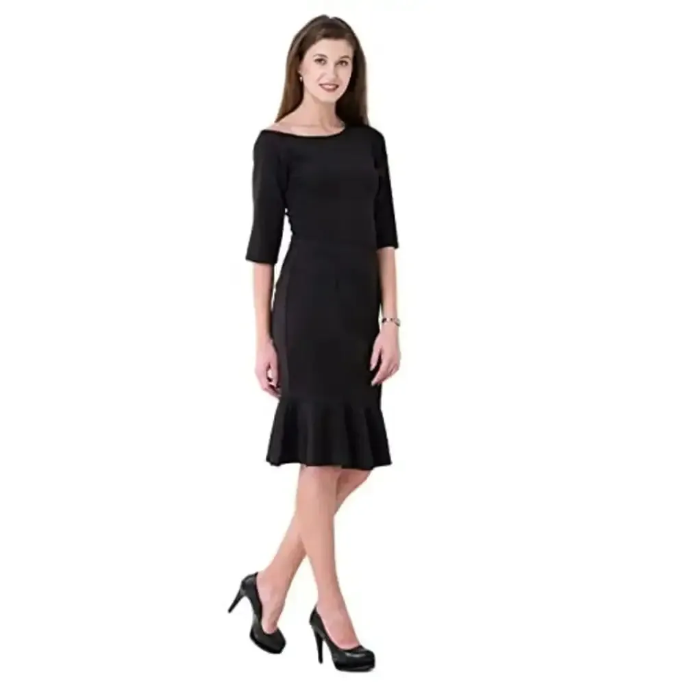 VM Black Plain One Shoulder 3/4 Sleeves Peplum Hem Dress for Women