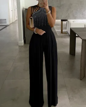 Wenkouban 2022 New Summer Party Wear Clothes Women's Sexy Studded Cutout Ruched Wide Leg Jumpsuit Casual Sleeveless Long Pants