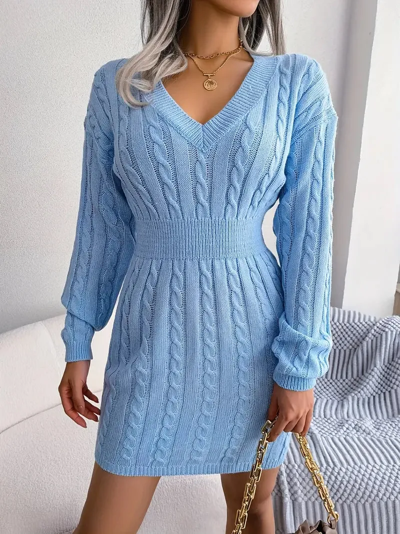 Wenkouban-Christmas Thanksgiving Gift New Year's Eve Dress party look inspos back to school dress  Cable Knit V Neck Sweater Dress