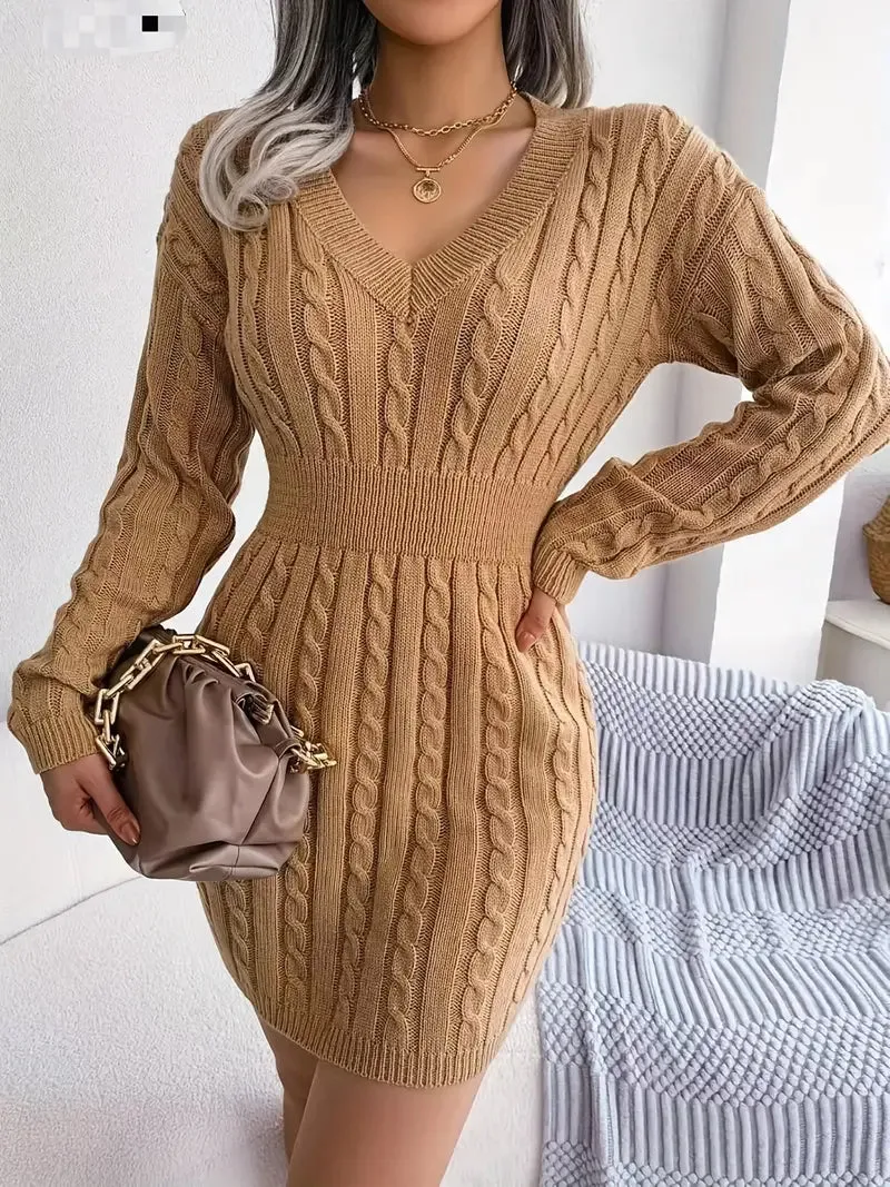 Wenkouban-Christmas Thanksgiving Gift New Year's Eve Dress party look inspos back to school dress  Cable Knit V Neck Sweater Dress