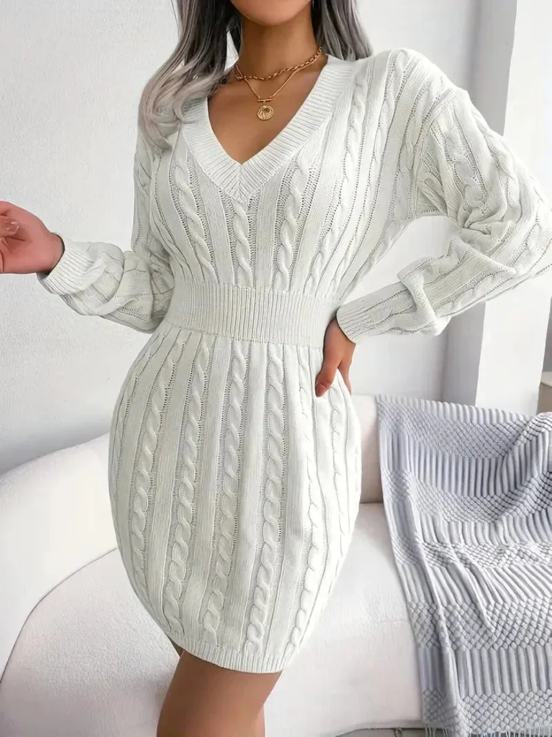 Wenkouban-Christmas Thanksgiving Gift New Year's Eve Dress party look inspos back to school dress  Cable Knit V Neck Sweater Dress