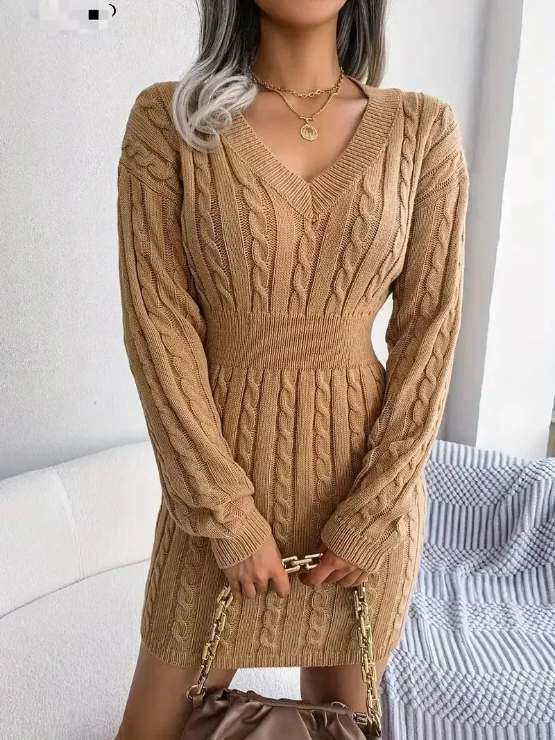Wenkouban-Christmas Thanksgiving Gift New Year's Eve Dress party look inspos back to school dress  Cable Knit V Neck Sweater Dress