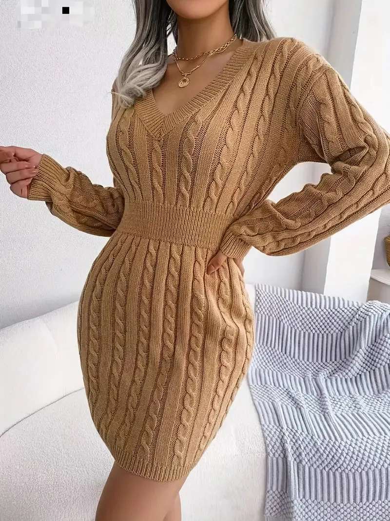 Wenkouban-Christmas Thanksgiving Gift New Year's Eve Dress party look inspos back to school dress  Cable Knit V Neck Sweater Dress