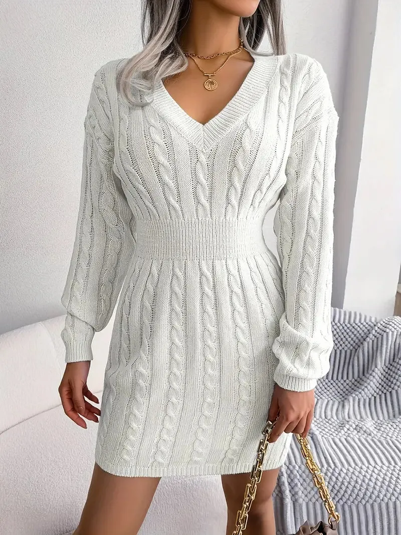 Wenkouban-Christmas Thanksgiving Gift New Year's Eve Dress party look inspos back to school dress  Cable Knit V Neck Sweater Dress