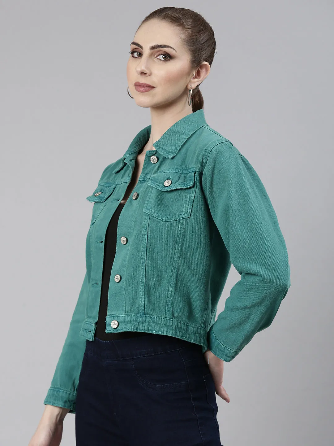 Women Turquoise Blue Solid Denim Jacket