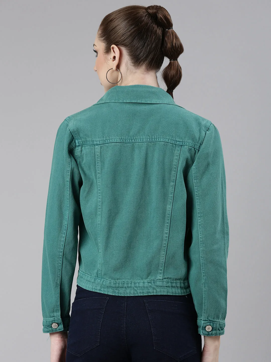 Women Turquoise Blue Solid Denim Jacket