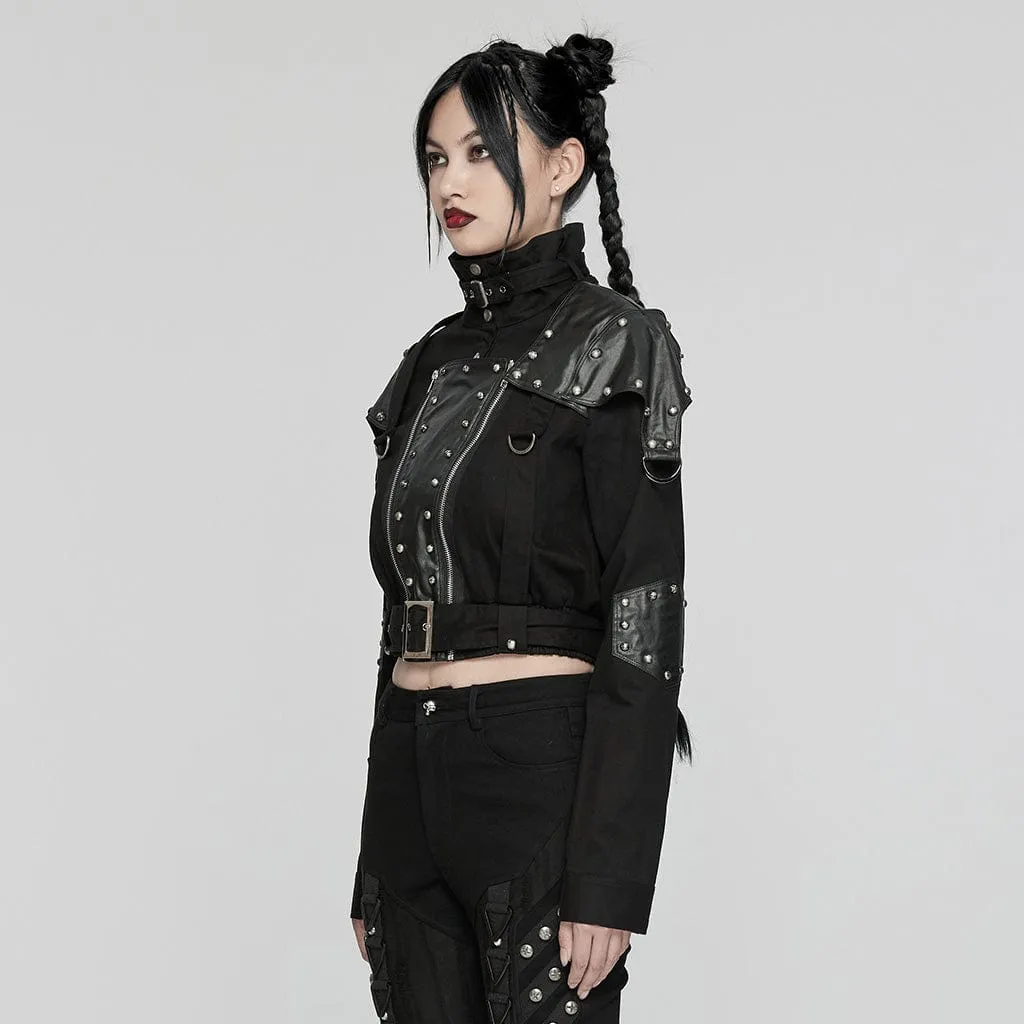 Women's Punk Stand Collar Patch Jacket