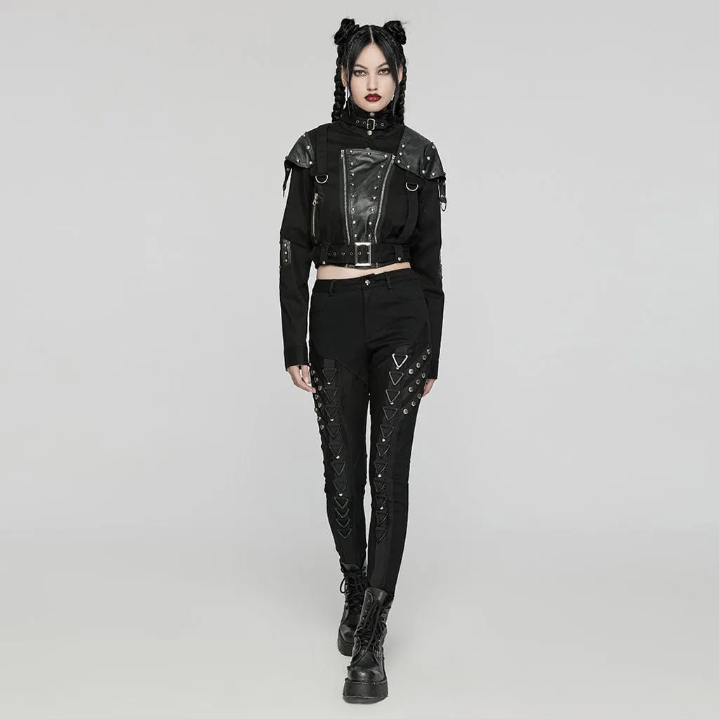 Women's Punk Stand Collar Patch Jacket